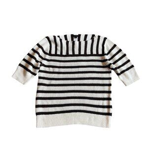 Ann Taylor Brown White Stripe Short Sleeve Sweater Pullover Stretch Woven Small